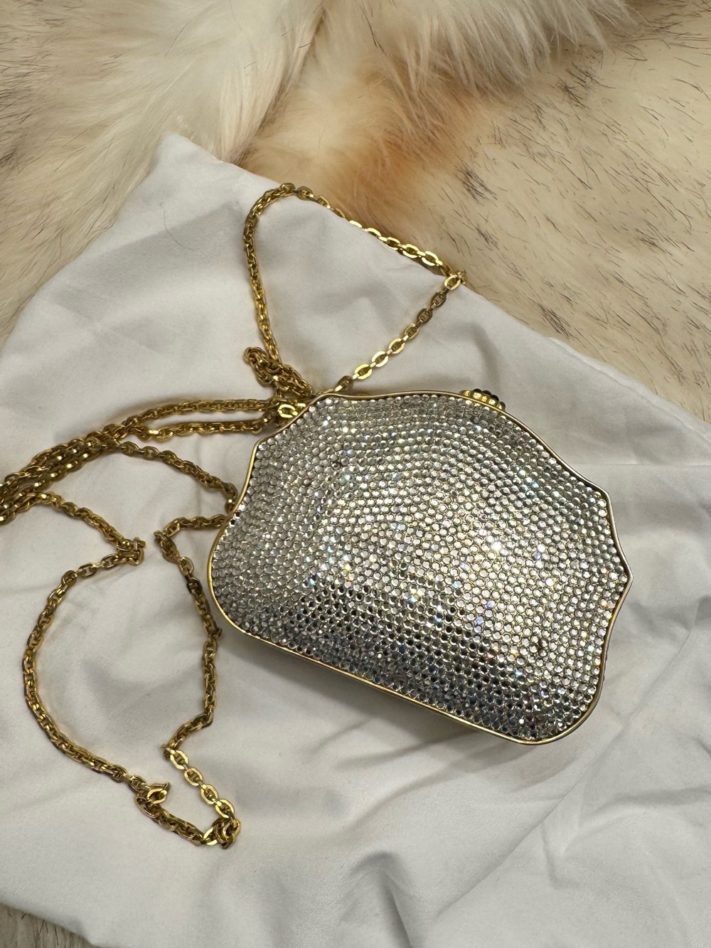 Judith leiber Crystal-Embellished Silver Minaudière Clutch with Gold Chain